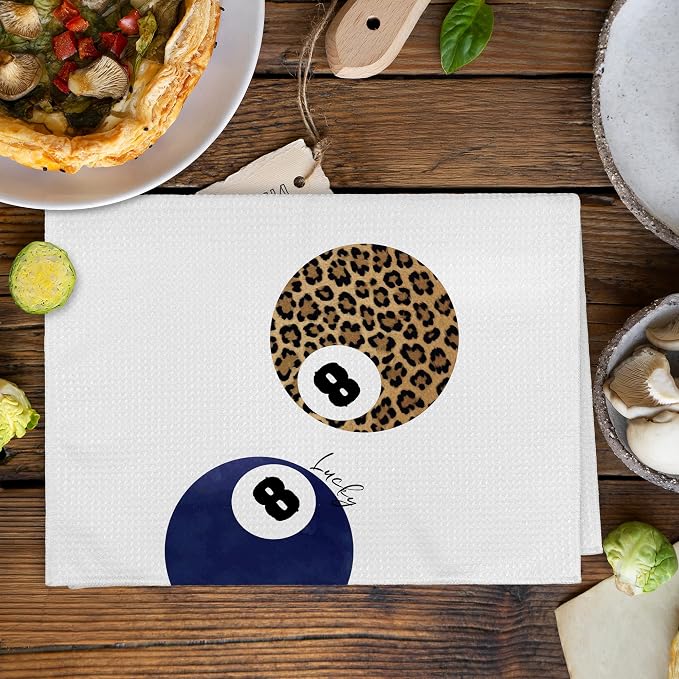 Trendy Leopard Cheetah Print Poker Lucky 8 Ball Bathroom Decor, Preppy Navy Blue Leopard Decor Dish Hand Towels for Bathroom Kitchen Sets of 2, Cheetah Kitchen Towels and Dishcloths,16x24
