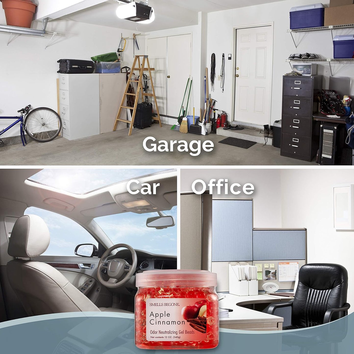 SMELLS BEGONE Odor Eliminator Gel Beads - Air Freshener - Eliminates Odor in Bathrooms, Cars, Boats, RVs and Pet Areas - Made with Essential Oils - Apple Cinnamon Scent - 12 Ounce