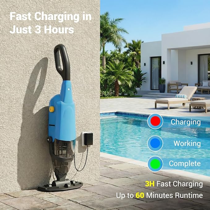 Handheld Pool Vacuum for Above Ground Pool, 4-Section Detachable Pole, 18 GPM Powerful Suction, 60 mins Runtime, 120μm Fine Filter, Cordless Pool Cleaner for Leaves, Sand and Debris, Blue
