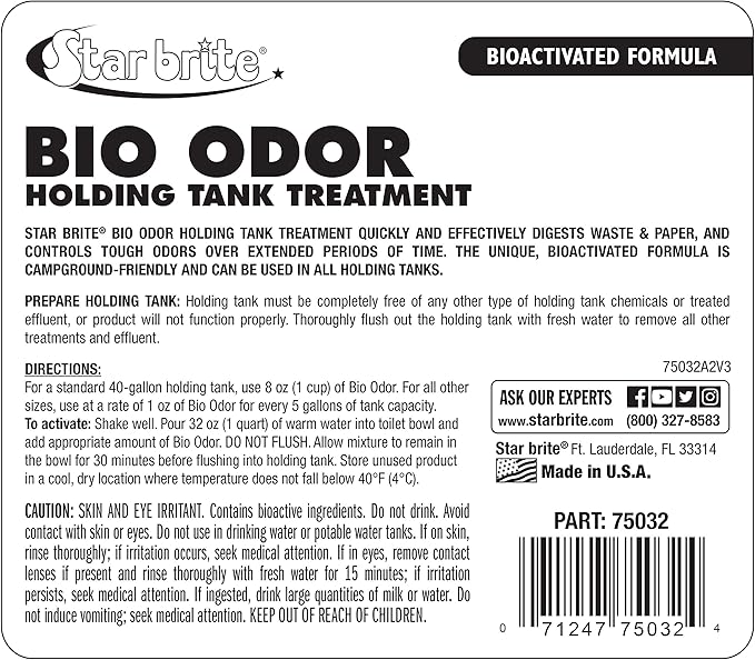 STAR BRITE Bio Odor Holding Tank Treatment - Bioactivated Formula for Waste & Odor Control - Long-Lasting, Campground-Friendly Deodorizer