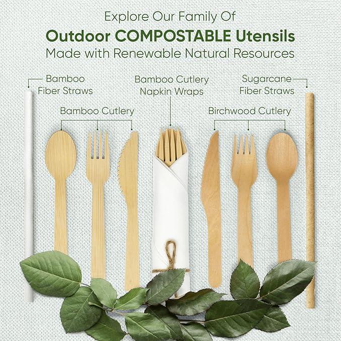 EcoPreps Premium Pre-Rolled Napkin and Bamboo Cutlery Set (50 Pack, 200 PCS) 100% Biodegradable, Eco-Friendly, Disposable Wrapped Cutlery - Includes Pre-Wrapped Bamboo Forks, Knives, Spoons, & Napkins