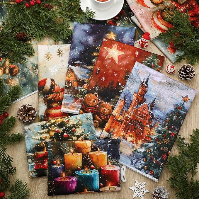 Bencailor 16 Pcs Christmas Kitchen Towels Xmas Holiday Hand Dish Towels Vintage Bear Tea Dishcloths for Christmas Holiday Kitchen Bathroom Home Decor Gifts, 16 x 24 Inch