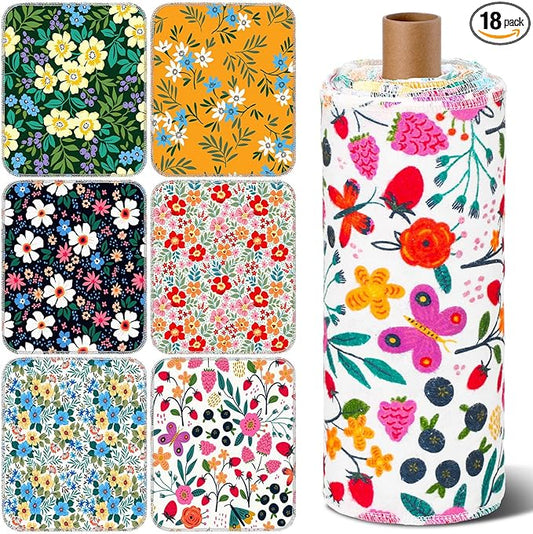 Redbaker 18 Pcs Flower Reusable Paper Towels Rolls Washable Paperless Paper Towels Bulk Cloth Cotton Napkin with Cardboard Reusable Napkins for Kitchen Dishes Bathroom Home Table