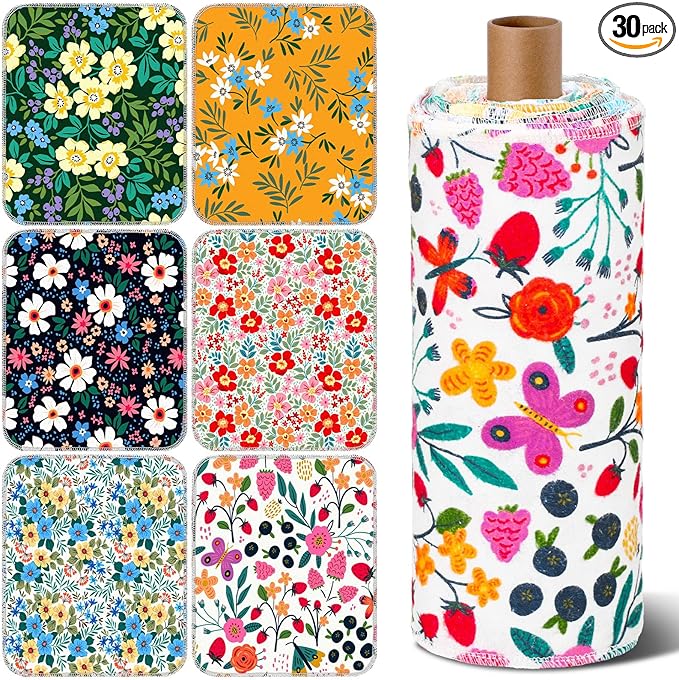 Redbaker 30 Pcs Reusable Paper Towels Rolls Kitchen Towels Bulk Washable Paperless Cloth Cotton Hand Napkins with Cardboard Reusable Napkins for Kitchen Bathroom(Floral,10 x 12 in)