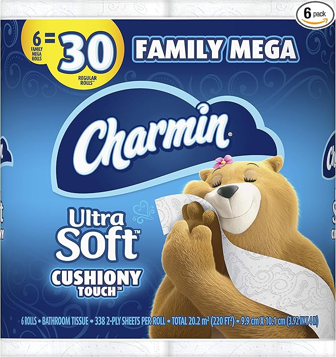 Charmin Ultra Soft Cushiony Touch Toilet Paper, 6 Family Mega Rolls = 30 Regular Rolls (Prime Pantry)