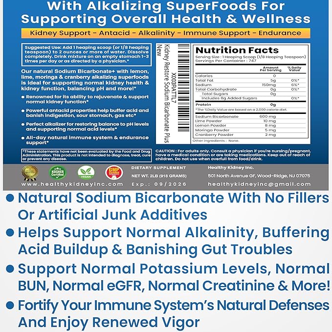 Organic Sodium Bicarbonate Alkaline Supplement For Alkalinity. Support Kidneys & Stomach Acid Neutralizer with Alkaline Superfoods. Sodium Bicarbonate Powder Kidney Immune Support Antacid Sports 2 LB.