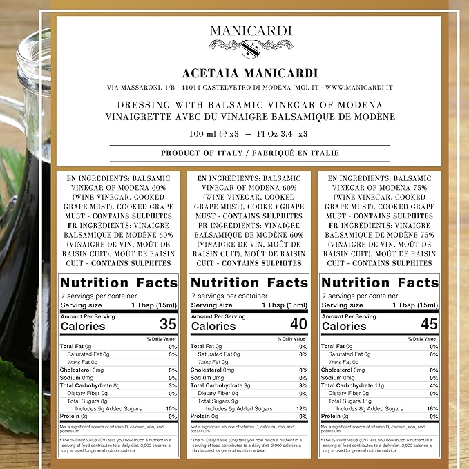MANICARDI Set of 3 Condiments with Balsamic Vinegar of Modena PGI - Selected with Three Different Degrees of Density - Made in Italy, 100 ml Each