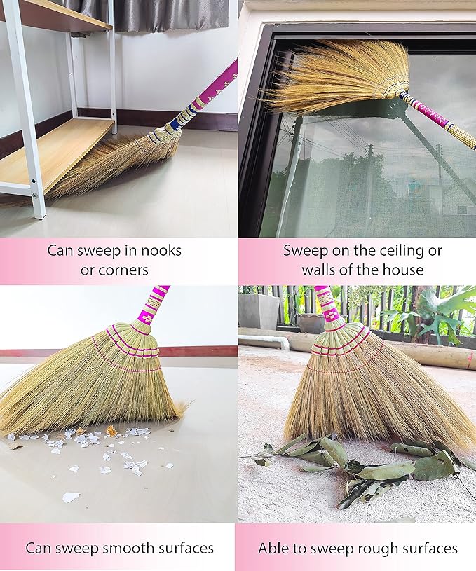 40 inch Tall of Asian Broom for Cleaning Tile Floor,Soft bristles,Long Handle Hand Grip The Reed Tree with Grass, Design for Sweeper Garbage Dust,Vintage Broom,Durable Indoor & Outdoor