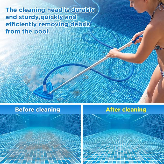 Qinyoung 3 Pcs Swimming Pond Cleaning Kit, 1-1/4 Inch x 18 ft Pool Vacuum Hose with Swivel Cuff Triangular Weighted Pool Vacuum Head Connect 1-1/4" or 1-1/2" Hose and 4 ft 4-Section Telescopic Pole