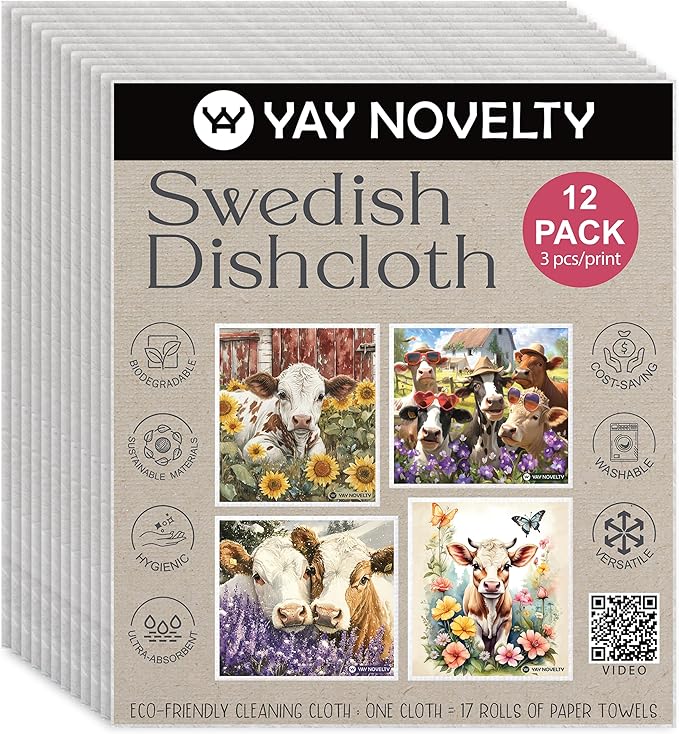 Swedish Dishcloths - 12 Pack | Made in Germany | Ultra-Absorbent, Reusable Cellulose Sponge Cloths for Kitchen | No-Odor, Eco-Friendly Cleaning Wipes | Water-Based Ink | Cow