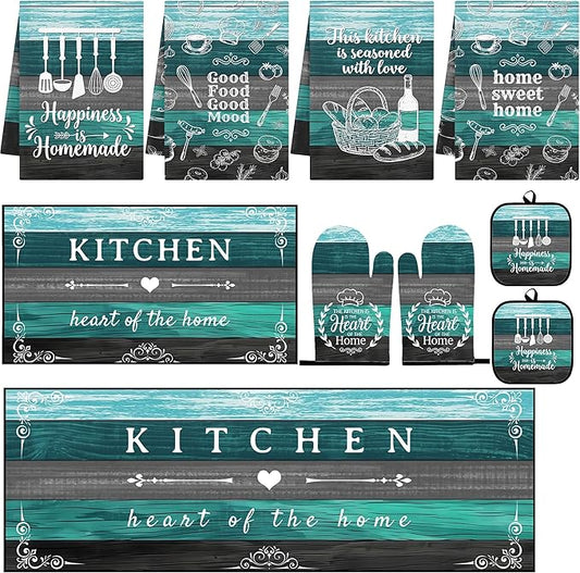 10 Pcs Teal Turquoise Kitchen Decor and Accessories Set, 4 Dish Towels Kitchen Rugs 2 Oven Mitts 2 Pot Holders, Home Decor for Cooking Baking BBQ Gifts Women Mom Housewarming