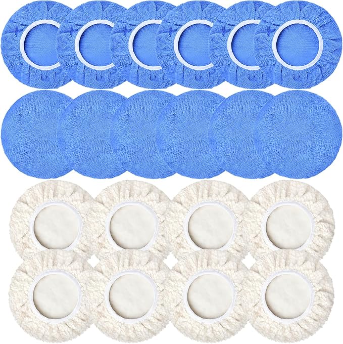20 PCS Car Polisher Pad Bonnet 5 to 6 Inch , Car Polishing Bonnet Buffing Pads, Lamb Fleece Buffing Pad Cover, 12*Microfiber 8*Woollen