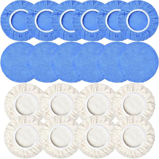 20 PCS Car Polisher Pad Bonnet 5 to 6 Inch , Car Polishing Bonnet Buffing Pads, Lamb Fleece Buffing Pad Cover, 12*Microfiber 8*Woollen