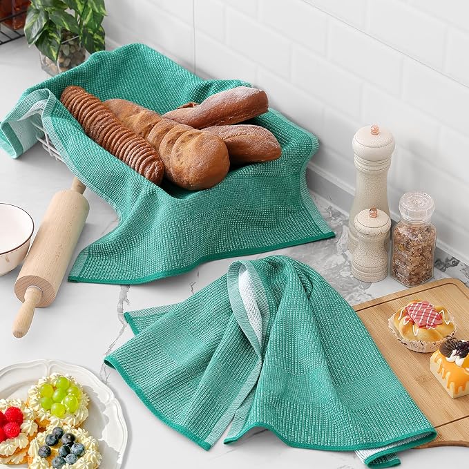 Homaxy Premium Kitchen Towels(18”x 28”, 3 Pack), Large Cotton Kitchen Hand Towels, Flat and Terry Dish Towels, 380 GSM Highly Absorbent Tea Towel Set with Hanging Loop, Navy Blue/Red/Green