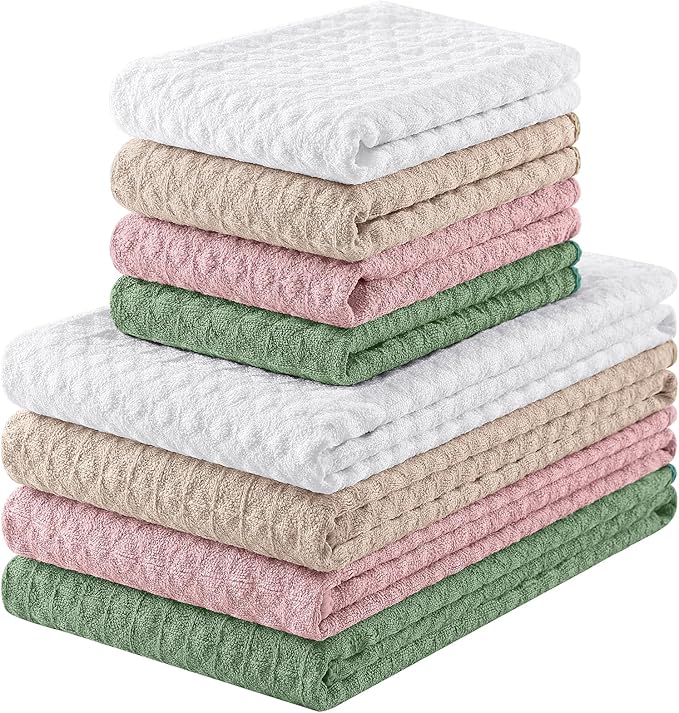 Homaxy Microfiber Waffle Weave Kitchen Towels Set, 16 x 28 Inch and 12 X 12 Inch Ultra Absorbent and Solid Color Dish Towels, 8 Pack, Beige/White/Pink/Grass Green