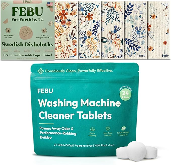 FEBU Save 15% on Swedish Dishcloth + Washing Machine Cleaner Tablets | 5 Pack Fresh Flowers Reusable Paper Towels + 24ct Washer Cleaner Tablets