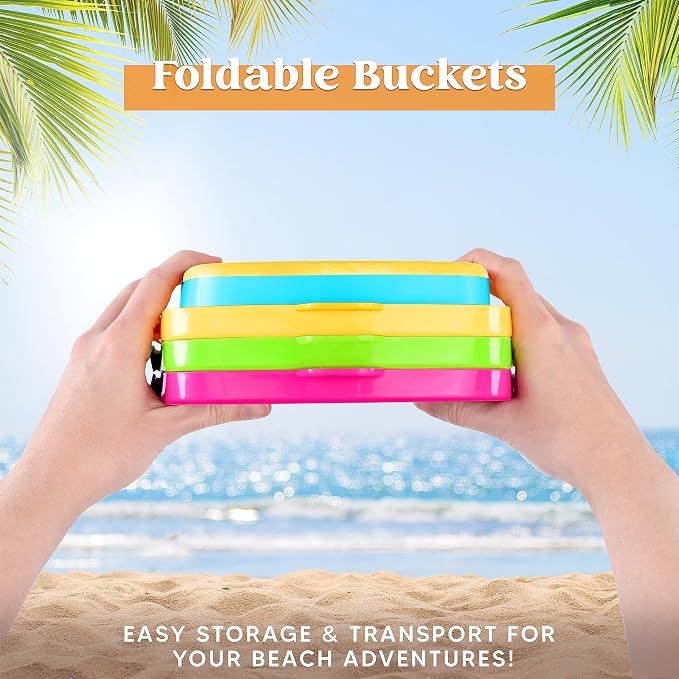 Sloosh 3 PCS Foldable Buckets with 3 Shovels Sand Water Bucket Sandbox Square Party in Summer Foldable Pail Silicone Collapsible Bucket Kids Beach Toys Travel (Yellow/Blue/Green)