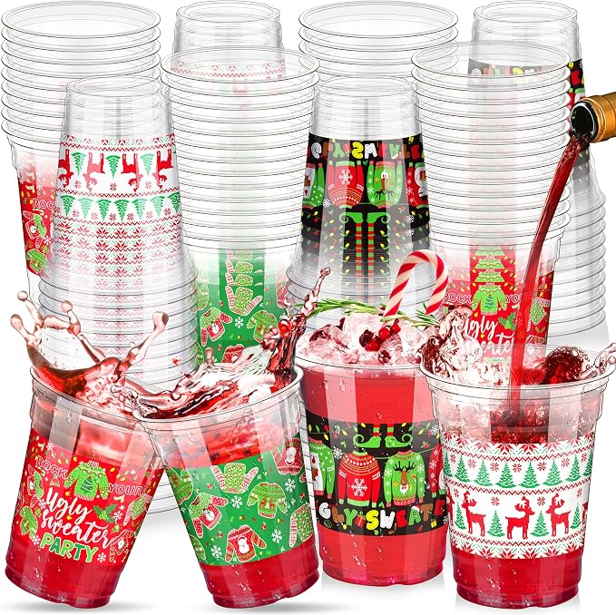 Kochorie 120 Pieces Christmas Sweater Plastic Cups 16 Oz Christmas Disposable Plastic Cups Xmas Tree Santa Reindeer Snow Drinking Cups for Christmas Party Supplies, Merry Christmas Party Decorations