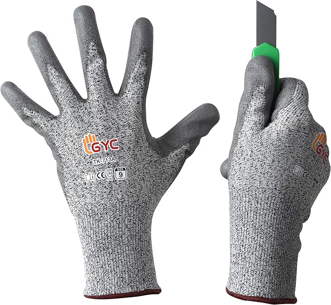 GYC Cut Resistant Safety Work Gloves - Level 5 Cut Protection, 10 PRS Pack - Excellent Dexterity, Breathability, Soft PU coated: TK-713A/Size 8(M)