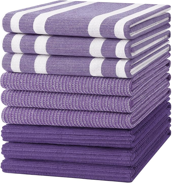 Homaxy Premium Kitchen Towels(18”x 28”, 9 Pack), Large Cotton 380 GSM Kitchen Hand Towels, Soft and Absorbent Terry Dish Towels, Multipurpose Tea Towel Set with Hanging Loop, Purple