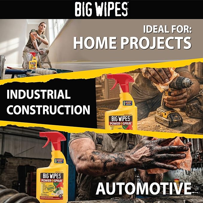 BIG WIPES Power Spray Heavy Duty Cleaning Solution for Tough Grime, Garage, Shop, and Professional Jobsite Use - 32 Ounces (1 Pack)