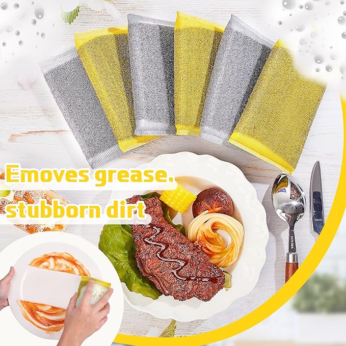 Thyle 12 Pack Steel Scrub Sponges for Dishes Non Scratch Scouring Multi Use Metal Scrubber Heavy Duty Dish Wash Kitchen Sponge for Pot Dish Washing Hard Surface Cleaning (Gray,Yellow)