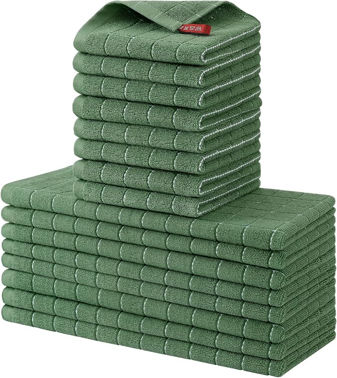 Homaxy Kitchen Towels and Dishcloths Set, 12 x 12 and 13 x 28 Inches, Set of 16 Bulk Cotton Terry Kitchen Towels Set, Checkered Designed, Soft and Super Absorbent Dish Cloths, Grass Green