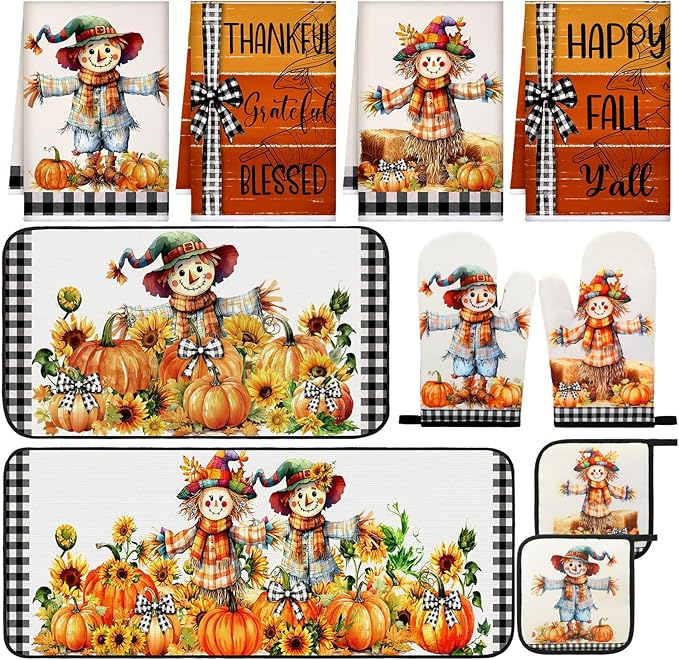 Fanfanwin 10 Pcs Thanksgiving Scarecrow Kitchen Decor Set Kitchen Towels Pot Holders Oven Mitts and Rugs Set Thanksgiving Towels for Baking Cooking BBQ Autumn Home
