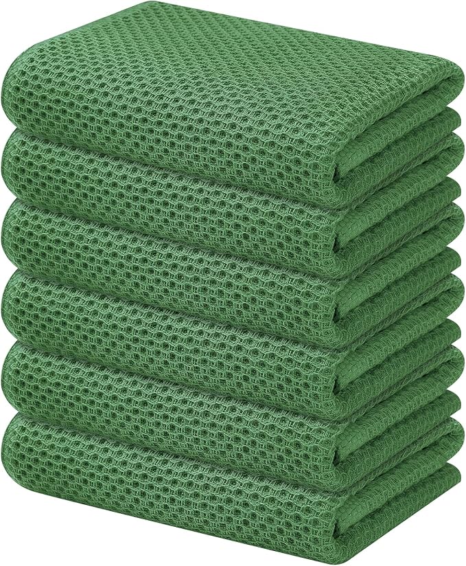 Kitinjoy 100% Cotton Waffle Weave Kitchen Hand Towels (13 X 28 Inches, Grass Green), 6-Pack Super Soft and Absorbent Dish Towel for Drying Dishes