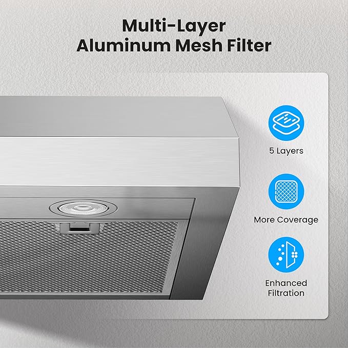 VIKIO HOME Under Cabinet Range Hood 30 Inch, 1200 CFM Dual-Motor Kitchen Vent with LED Lights, Button Control, Ducted Vent Hood, Reusable 5-Layer Aluminum Filters, Stainless Steel