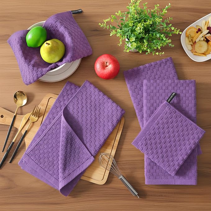 Homaxy 100% Cotton Terry Kitchen Towels(15" x 25", 12 Pack), Soft and Super Absorbent Dish Towels, 380 GSM Reusable Tea Towel with Hanging Loop, Pineapple Grid Designed, Purple