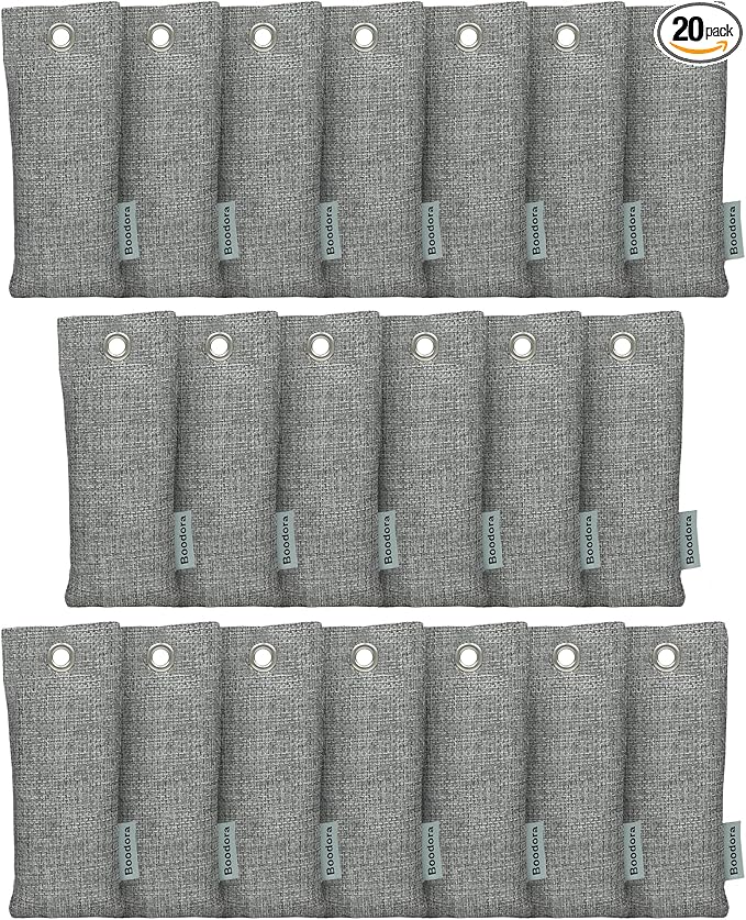 Activated Charcoal Bags Air Purifying 20 Pack, Bamboo Charcoal Odor Absorber for Shoes Closet Drawer Car, 50g Gray, Natural Odor Neutralizer, Moisture Absorber, Reusable up to 2 Years