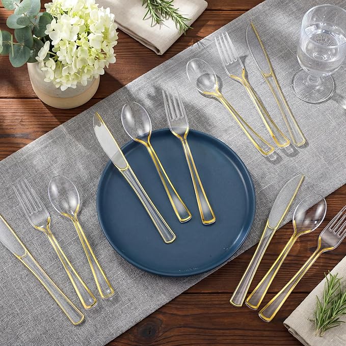 Minatee 150 Pcs Gold Plastic Silverware, Clear Disposable Cutlery Set Heavy Duty Utensil Sets 50 Forks 50 Knives 50 Spoons for Birthday Party Home Office School Picnics Restaurant Outdoor Events