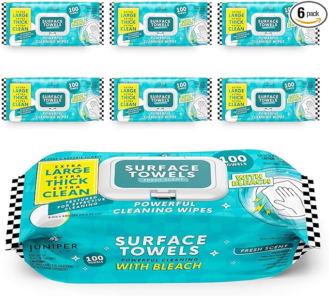 Juniper CLEAN 6 Packs Surface Wipes with Bleach, Thick & Large Dispose, All-Purpose Cleaner for Bathroom, Kitchen, Office, 600 Count Soft Flow, Biodegradable, Fresh Scent