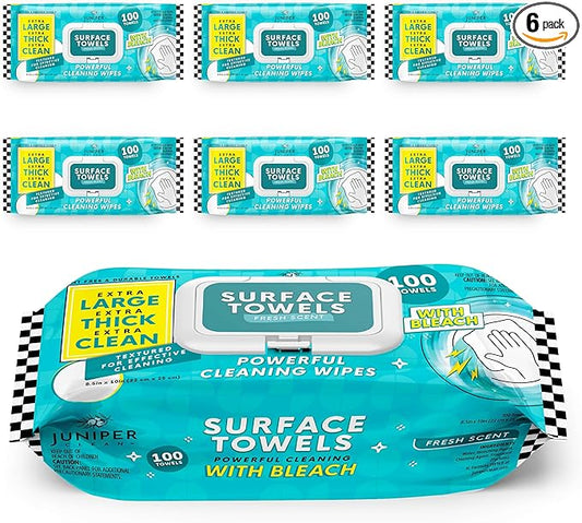 Juniper CLEAN 6 Packs Surface Wipes with Bleach, Thick & Large Dispose, All-Purpose Cleaner for Bathroom, Kitchen, Office, 600 Count Soft Flow, Biodegradable, Fresh Scent