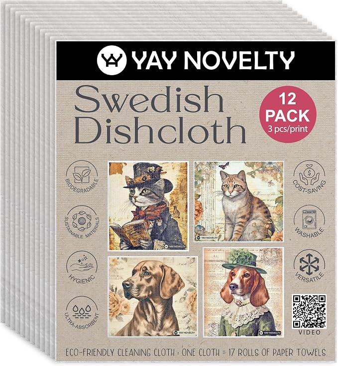 Swedish Dishcloths - 12 Pack | Made in Germany | Ultra-Absorbent, Reusable Cellulose Sponge Cloths for Kitchen | No-Odor, Eco-Friendly Cleaning Wipes | Water-Based Ink | Vintage Pets