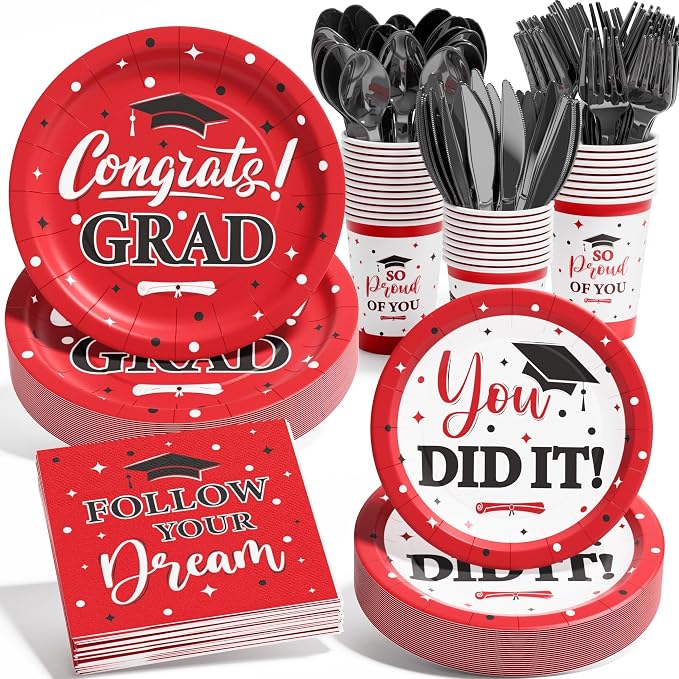 Graduation Decoration Class of 2026, 175PCS Graduation Party Supplies Disposable Dinnerware(Serve 25) with Paper Plates Cup Napkin Fork Knife Spoon College High School Grad Decor (Red & Black)