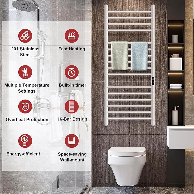 45.3"(L) x 19.5"(W) Wall Mounted Towel Warmer, Heated Towel Racks for Bathroom, Towel Dryer Heater, 16-Bars White, CSA Certified.