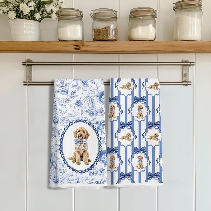 Chinoiserie Goldendoodle Dog Bow Kitchen Hand Towels for Bathroom, Golden Doodle Gifts for Women, Grandmillennial Botanical Dog Hand Towels for Kitchen Bathroom, 16x24 Inch Set of 2