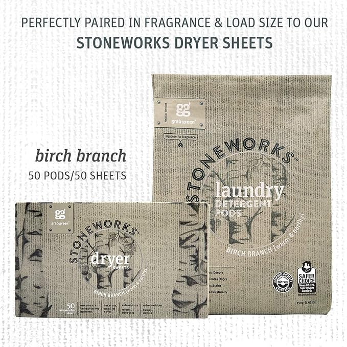 Grab Green Stoneworks Laundry Detergent Pods, 50 Loads, Birch Branch | EPA Safer Choice; Plant & Mineral-Based; Fights stains; Eliminates odors; Softens naturally; No Harsh Chemicals