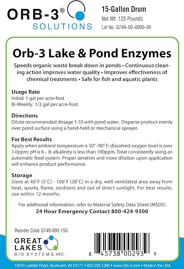 Orb-3 Lake and Pond Enzyme for Maintenance, 15-Gallon Drum