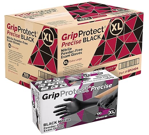 GripProtect® Precise Black Nitrile Gloves, Exam, 4 Mil, Food, Home, Cleaning, Medical/Dental, Tattoo (X-Large, 1,000)