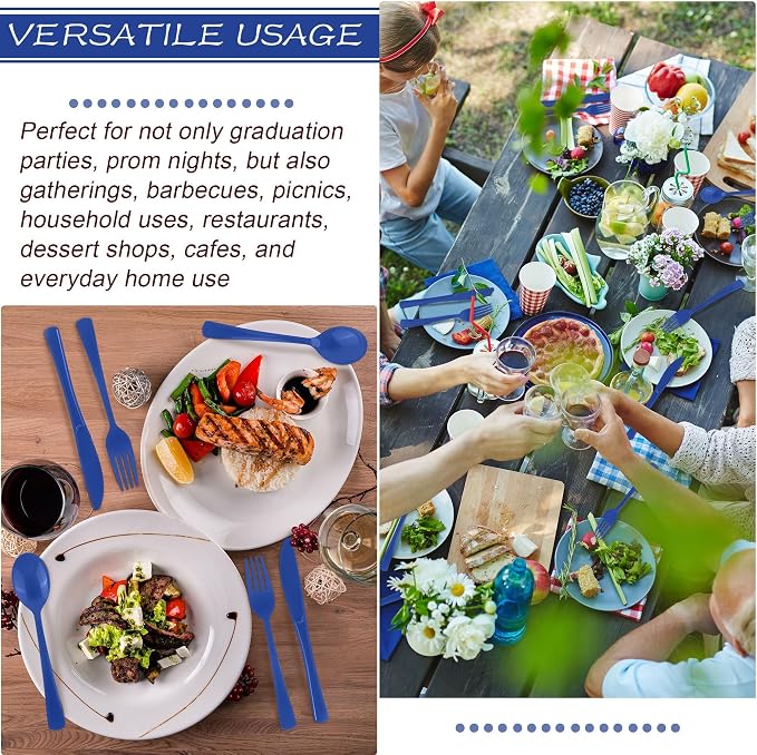 Kochorie 300 Pieces Graduation Dark Blue Plastic Silverware Heavy Duty Plastic Cutlery Set Heavyweight Disposable Flatware Includes Spoons Forks Knives for Birthday Party Prom Night Wedding Dinner