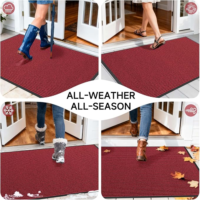 100pointONE Front Door Mat, Heavy Duty Indoor Outdoor Doormat, 60" x 36" Low Profile Outdoor Mats for Home Entrance, Stain and Fade Resistant Welcome Mat Ideal for High Traffic Area, Red