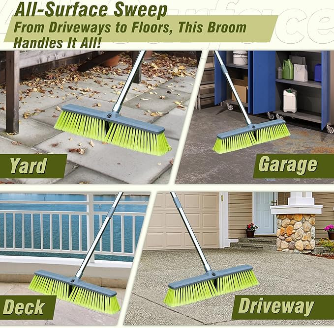 18" Push Broom with 47" Long Handle, Multi-Surface Floor Scrub Brush for Cleaning Deck, Patio, Garage, Driveway