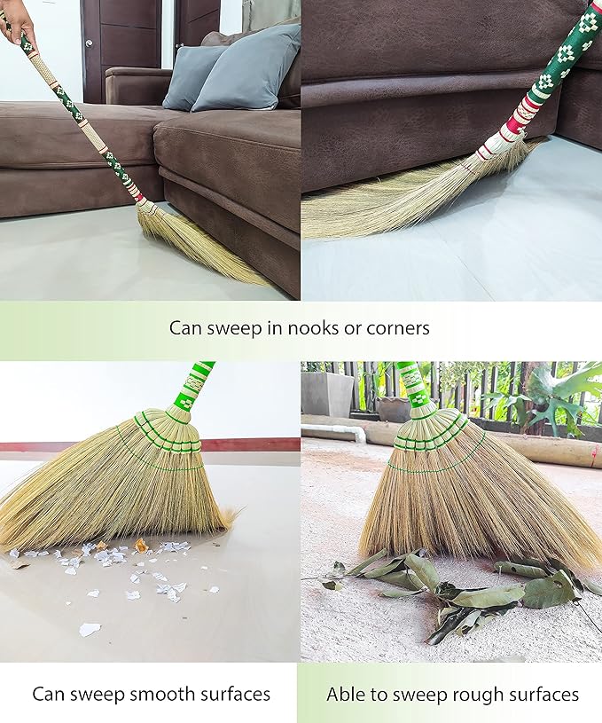Thai Vintage Retro Grass Broom Stick, Asian Straw for Wedding Jumping, Witch, House, Long With Solid Wood Handle - Primitive Sweeping Dirt Dust Garbage