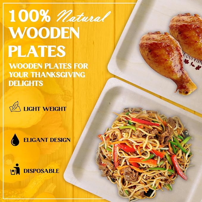 Perfect Stix 10" Disposable Wooden Plate with Happy Thanksgiving Print - Pack of 25ct
