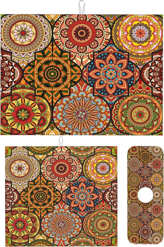 3Pcs Vintage Floral Dish Drying Mat & Kitchen Sink Splash Guard Faucet Mat For Kitchen Counter Absorbent Microfiber Dishes Pad Dish Drainer Rack Mats Fast Dry Kitchen Accessories