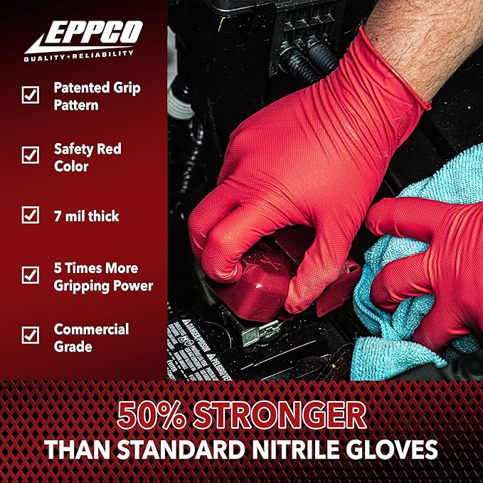 EPPCO Grease Bully 7-Mil Red Nitrile Gloves Disposable Powder Free, Latex Free Textured Superior Grip Glove for Mechanics