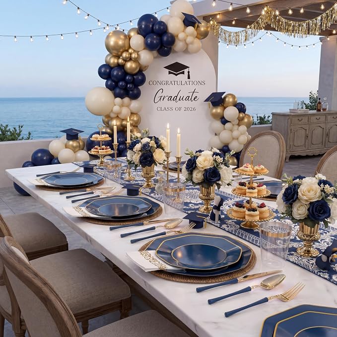 KIRE 140Pcs Blue Plastic Plates with Gold Rim - Gold Disposable Plastic Silverware with Blue Handle&Clear Cups&Hand Napkin - Geometric Party Plates for Memorial Day/Party/Graduation/Father's Day